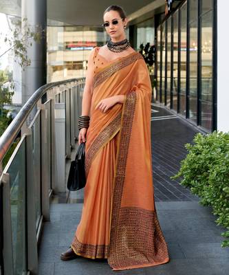 Women's orange silk blend woven saree with unstitched silk blend blouse piece 1