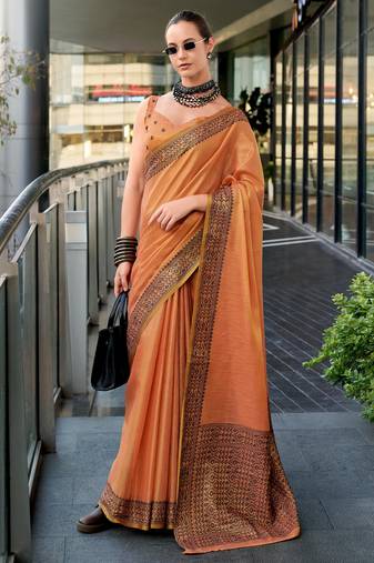 Women's orange silk blend woven  saree with unstitched silk blouse piece