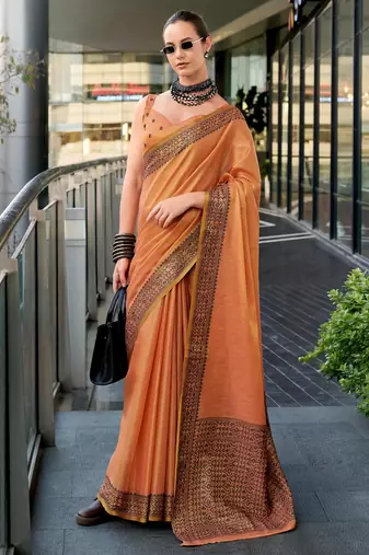 Women's orange silk blend woven  saree with unstitched silk blouse piece