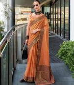 Women's orange silk blend woven  saree with unstitched silk blouse piece