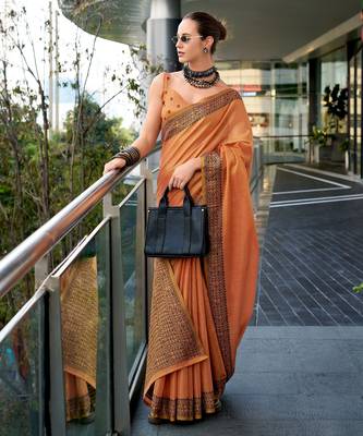 Women's orange silk blend woven saree with unstitched silk blend blouse piece 2