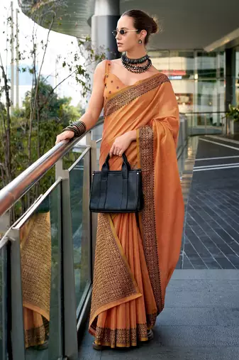 Women's orange silk blend woven saree with unstitched silk blend blouse piece
