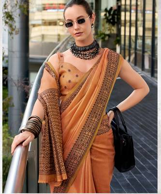 Women's orange silk blend woven saree with unstitched silk blend blouse piece 4