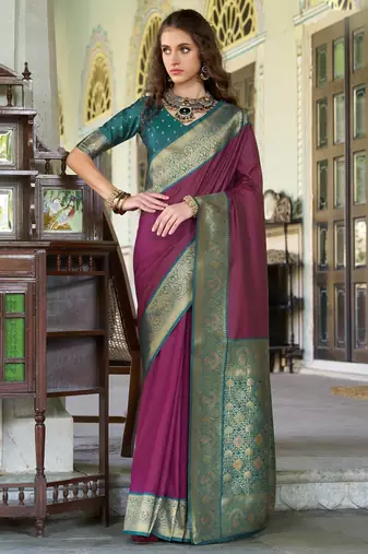 Women's wine soft silk zari woven  saree with unstitched silk blouse piece