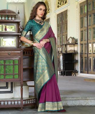 Women's wine soft silk blend zari woven saree with unstitched silk blend blouse piece 2