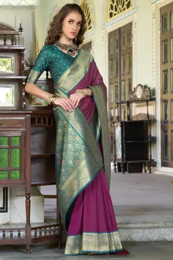 Women's wine soft silk blend zari woven saree with unstitched silk blend blouse piece