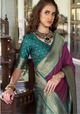 Women's wine soft silk blend zari woven saree with unstitched silk blend blouse piece 4