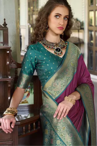 Women's wine soft silk blend zari woven saree with unstitched silk blend blouse piece
