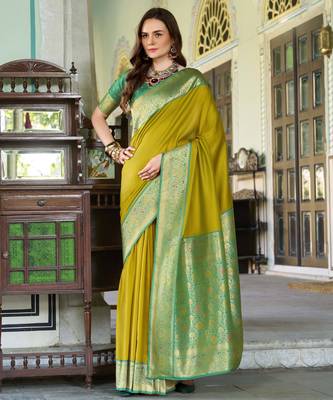 Women's neon soft silk blend zari woven saree with unstitched silk blend blouse piece 1