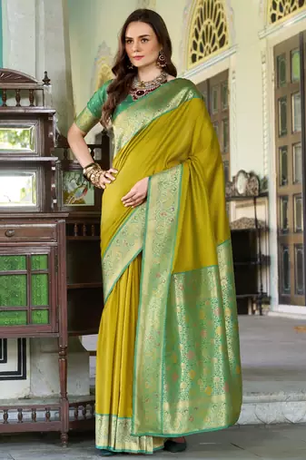 Women's neon soft silk zari woven  saree with unstitched silk blouse piece