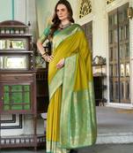 Women's neon soft silk zari woven  saree with unstitched silk blouse piece