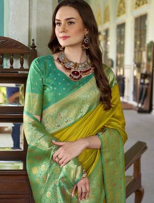 Women's neon soft silk blend zari woven saree with unstitched silk blend blouse piece 2