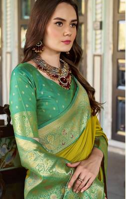 Women's neon soft silk blend zari woven saree with unstitched silk blend blouse piece 3