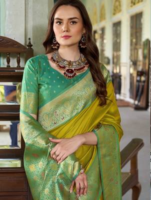 Women's neon soft silk blend zari woven saree with unstitched silk blend blouse piece 4