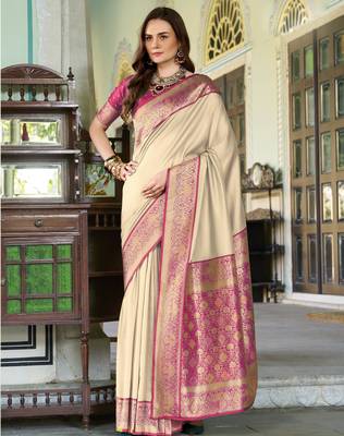 Women's beige soft silk blend zari woven saree with unstitched silk blend blouse piece 1
