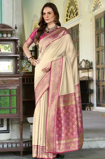 Women's beige soft silk zari woven  saree with unstitched silk blouse piece