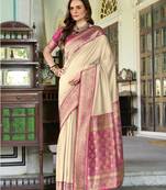 Women's beige soft silk zari woven  saree with unstitched silk blouse piece