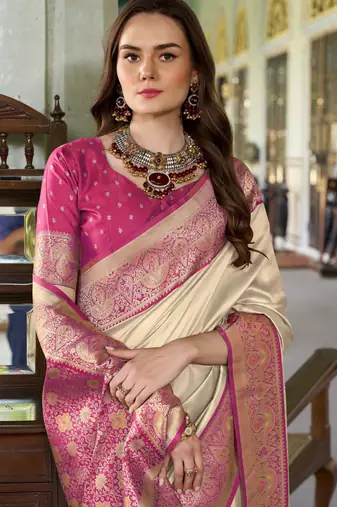 Women's beige soft silk blend zari woven saree with unstitched silk blend blouse piece