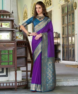 Women's purple soft silk blend zari woven saree with unstitched silk blend blouse piece 1