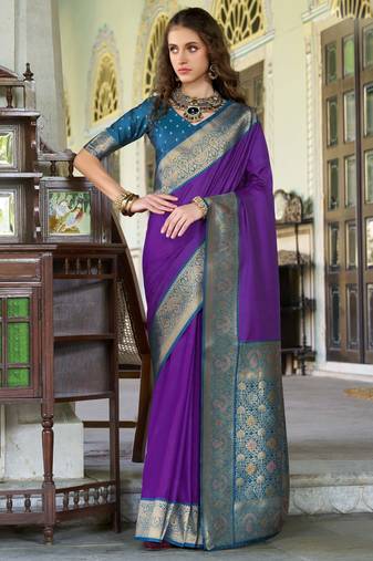 Women's purple soft silk zari woven  saree with unstitched silk blouse piece