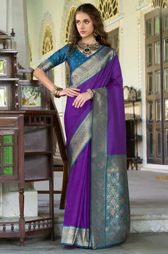 Women's purple soft silk zari woven  saree with unstitched silk blouse piece