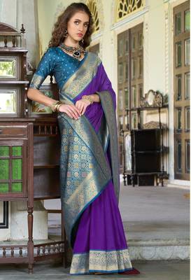 Women's purple soft silk blend zari woven saree with unstitched silk blend blouse piece 2