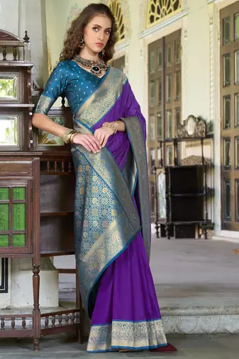 Women's purple soft silk blend zari woven saree with unstitched silk blend blouse piece