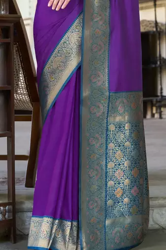Women's purple soft silk blend zari woven saree with unstitched silk blend blouse piece