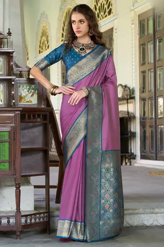 Women's onion soft silk zari woven  saree with unstitched silk blouse piece
