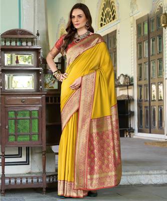 Women's yellow soft silk blend zari woven saree with unstitched silk blend blouse piece 1