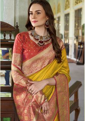 Women's yellow soft silk blend zari woven saree with unstitched silk blend blouse piece 2
