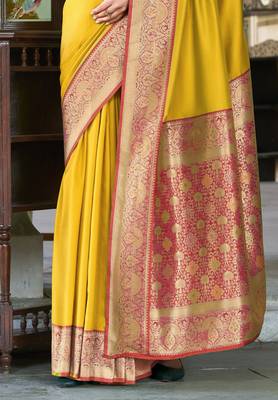 Women's yellow soft silk blend zari woven saree with unstitched silk blend blouse piece 3