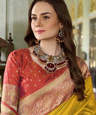 Women's yellow soft silk blend zari woven saree with unstitched silk blend blouse piece 4