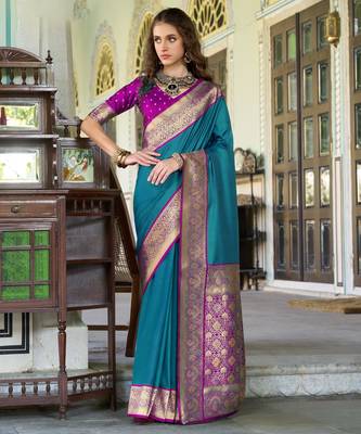 Women's teal soft silk blend zari woven saree with unstitched silk blend blouse piece 1