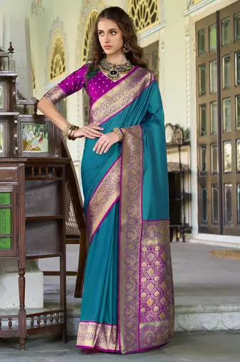 Women's teal soft silk zari woven  saree with unstitched silk blouse piece