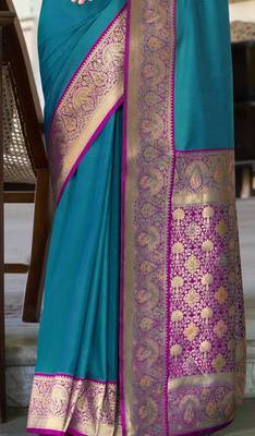 Women's teal soft silk blend zari woven saree with unstitched silk blend blouse piece 3