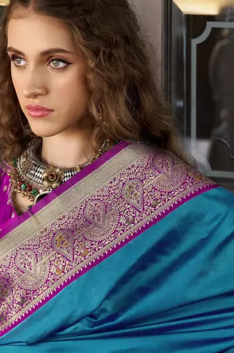 Women's teal soft silk blend zari woven saree with unstitched silk blend blouse piece