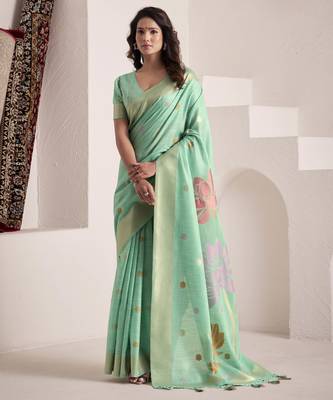 Women's sea green soft linen jacquard saree with unstitched silk blend blouse piece 1