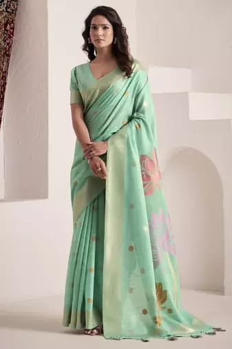 Women's sea green soft linen jacquard saree with unstitched silk blouse piece