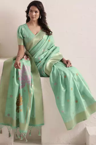 Women's sea green soft linen jacquard saree with unstitched silk blend blouse piece