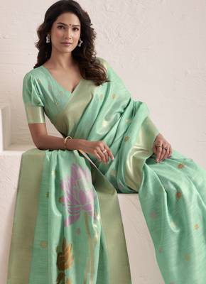 Women's sea green soft linen jacquard saree with unstitched silk blend blouse piece 3