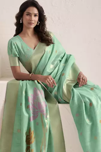 Women's sea green soft linen jacquard saree with unstitched silk blend blouse piece