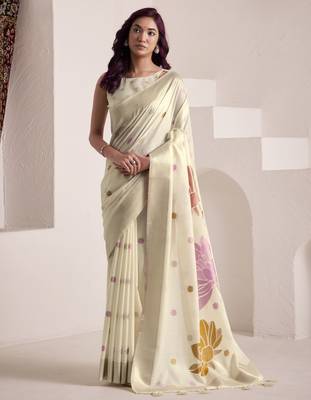 Women's cream soft linen jacquard saree with unstitched silk blend blouse piece 1