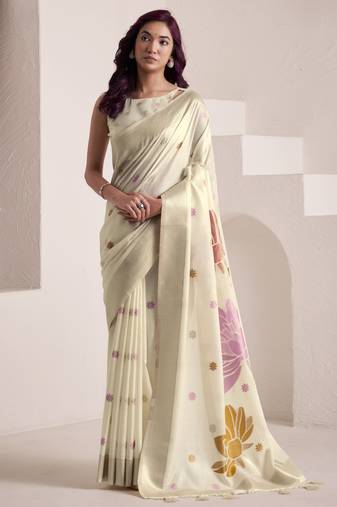 Women's cream soft linen jacquard saree with unstitched silk blouse piece