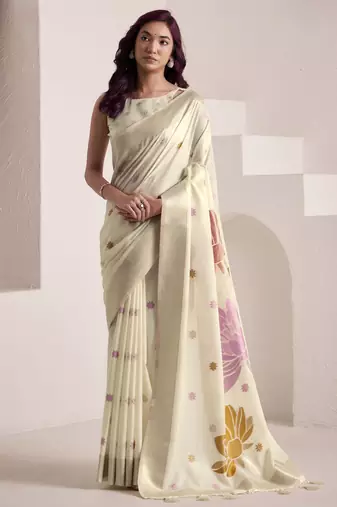 Women's cream soft linen jacquard saree with unstitched silk blouse piece