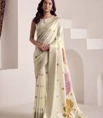 Women's cream soft linen jacquard saree with unstitched silk blouse piece
