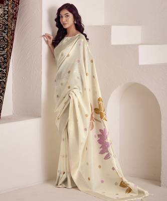 Women's cream soft linen jacquard saree with unstitched silk blend blouse piece 2