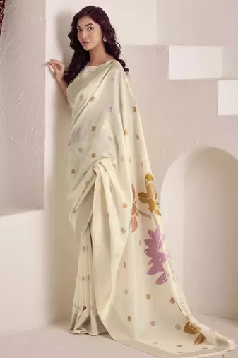Women's cream soft linen jacquard saree with unstitched silk blend blouse piece