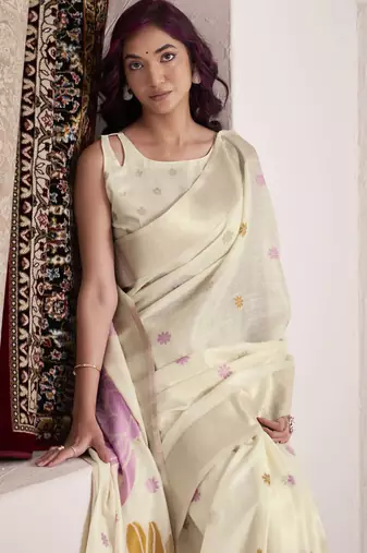Women's cream soft linen jacquard saree with unstitched silk blend blouse piece