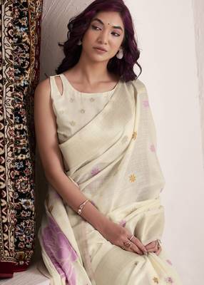Women's cream soft linen jacquard saree with unstitched silk blend blouse piece 4